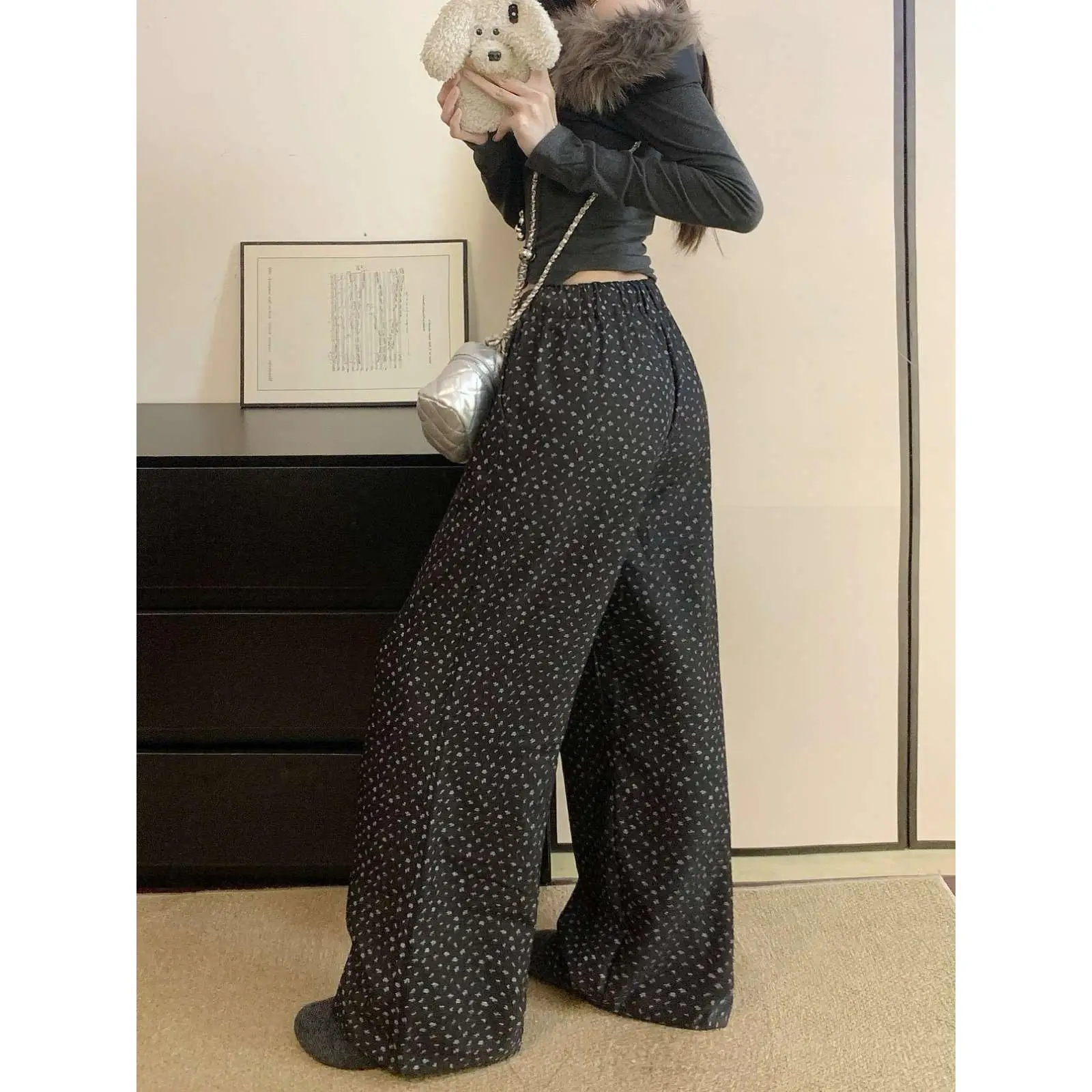 Trendy Elastische Taille Dstring Blumen Druck Lose Breite Bein Hause Gerade Casual Hosen Frauen Frühling Herbst Hohe Taille Polyest...