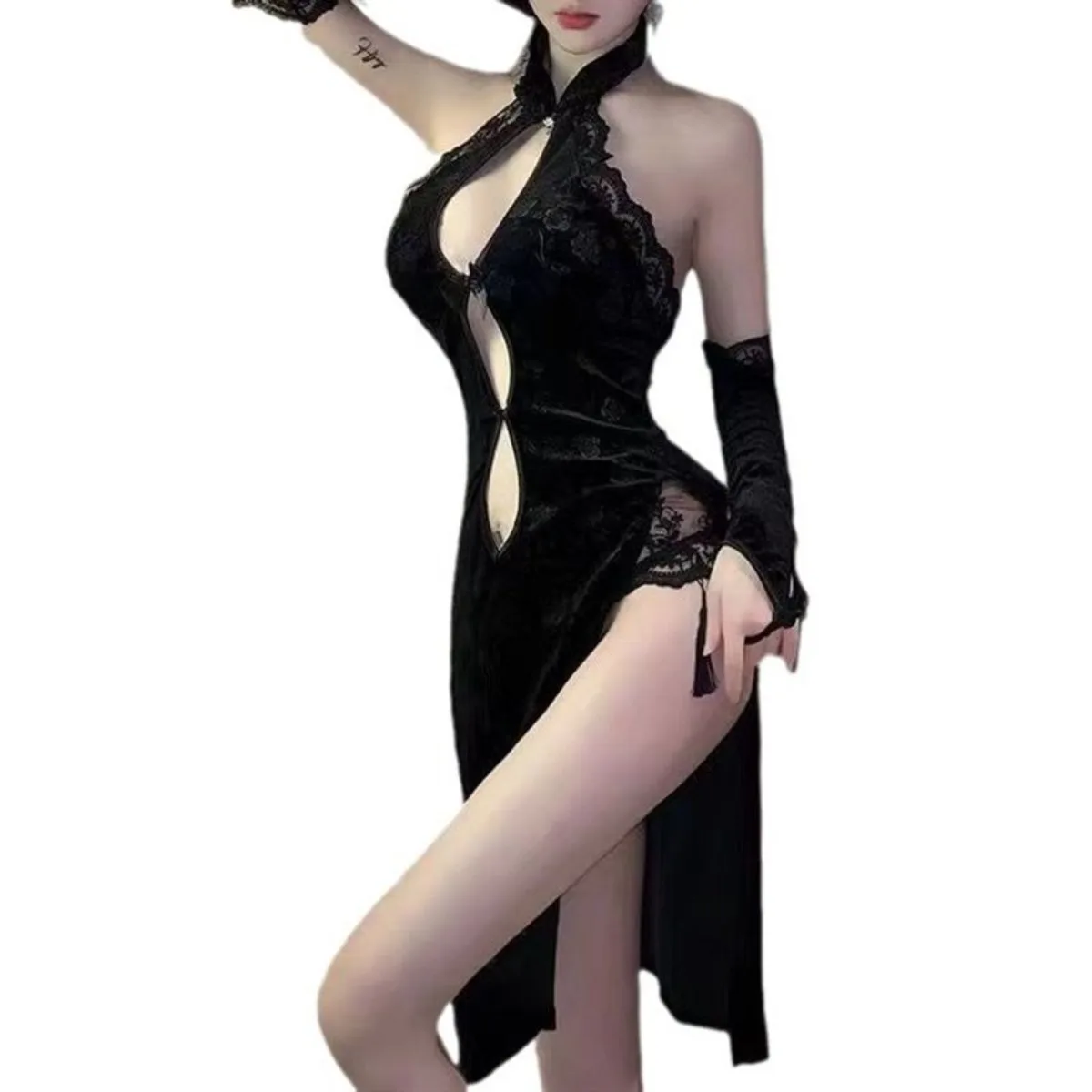 تشيباو على الطراز التايلاندي بظهر مجوف، فستان مخملي من الدانتيل برقبة رسن، ملابس نوم ضيقة ذات فتحة عالية، رسن شيونغسام صيفي #6