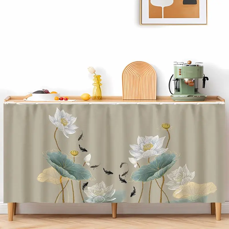 Natural Style Cabinet Cover Curtain Whale Lotus Hanging Plant Print Dustproof Partition Curtain Sideboard Storage Home Decor