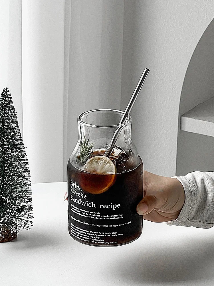 Большая стеклянная чашка для молока, кофе, сока, термостойкая, простая, с буквенным дизайном, домашняя чашка для воды, креативный буквенный элемент с принтом