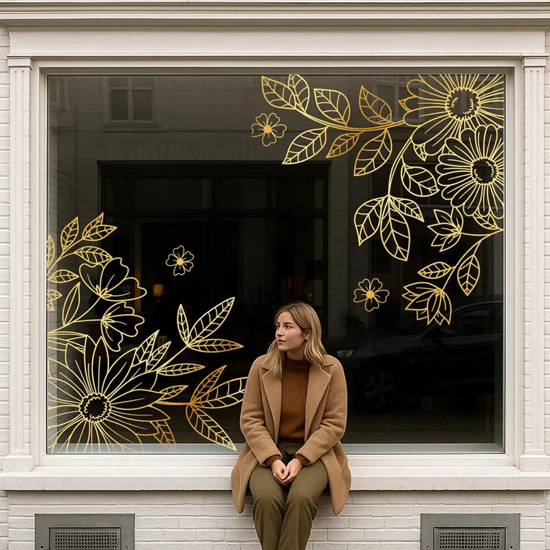 Realistic flower outline window decoration shop and boutique, Floral Vinyl Decal - Elegant Flower Design, Business Signage E626