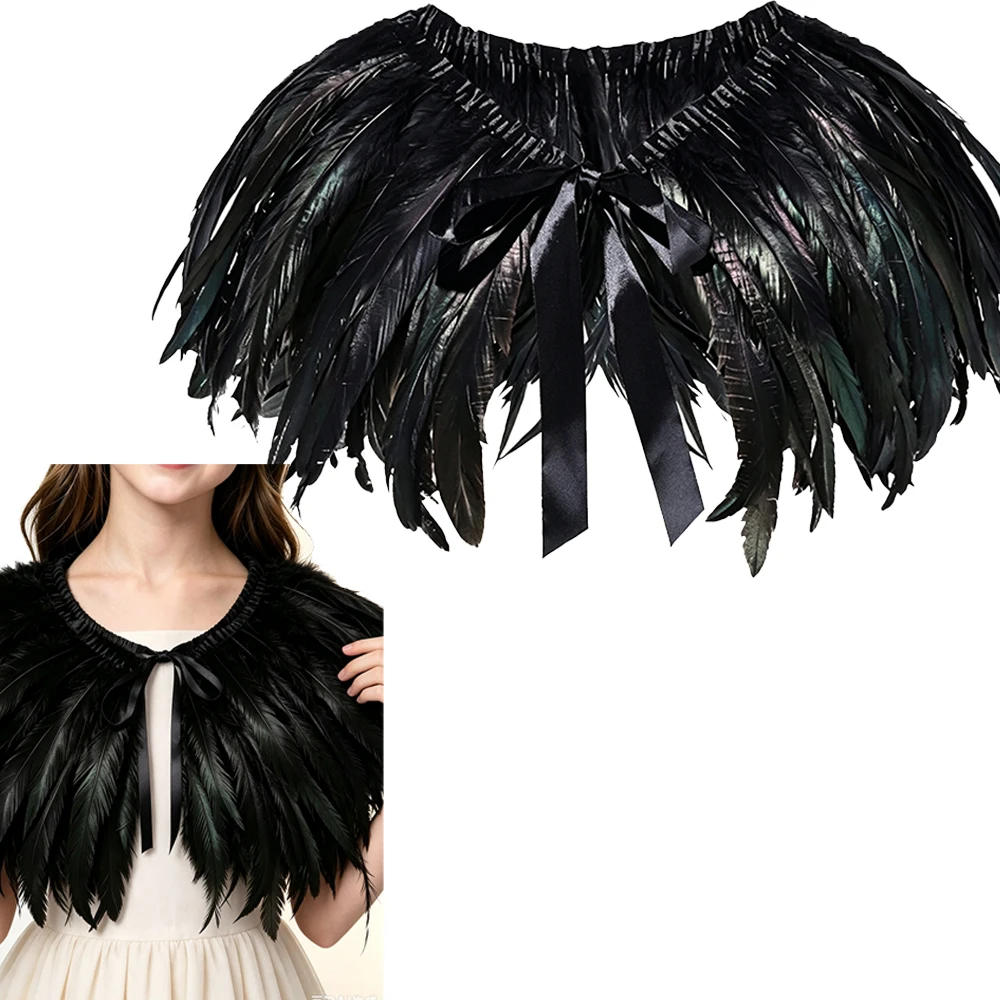 1/2/4Pcs Black Feather Shawl Cape Soft Fluffy Halloween Witch Carnival Gothic Cosplay Costume Accessory For Women Girls Party