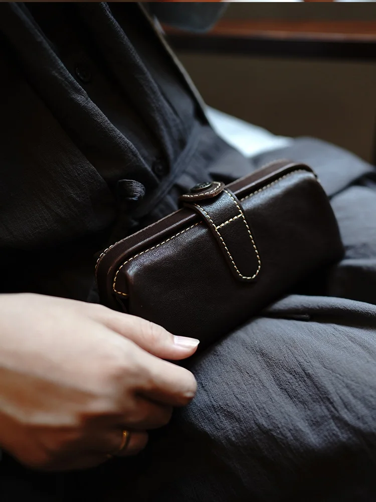 Custom Vegetable Tanned Leather Simple Retro Clutch Bag Stationery Cosmetic Storage Bag