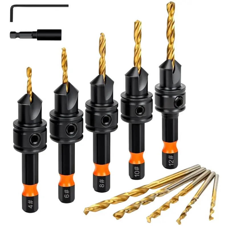 Mar.Countersink Drill Bit Set With Adjustable Depth, 12Pcs For Wood& Titanium Coated Hex Shank Included