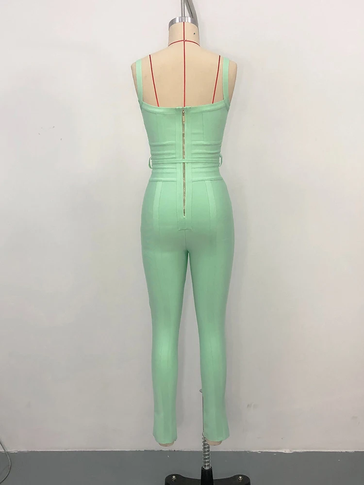 VC Mint Green Bandage Jumpsuit Sleeveless Sweetheart Neck Bodycon One Piece Romper High Waist Waist Slim Fit Stretch Long Pants view 5
