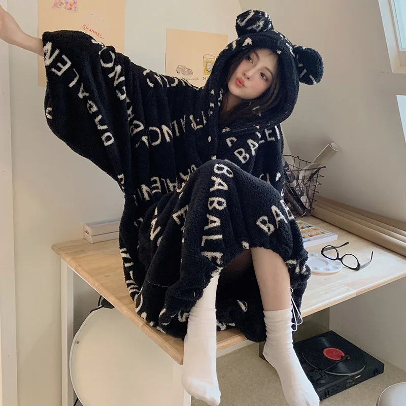 

Зимний милый халат с капюшоном для девочек, фланелевая пижама с леопардовым принтом, сохраняющая тепло, ночная рубашка, одежда для сна, коралловый флис, женская домашняя одежда, халат