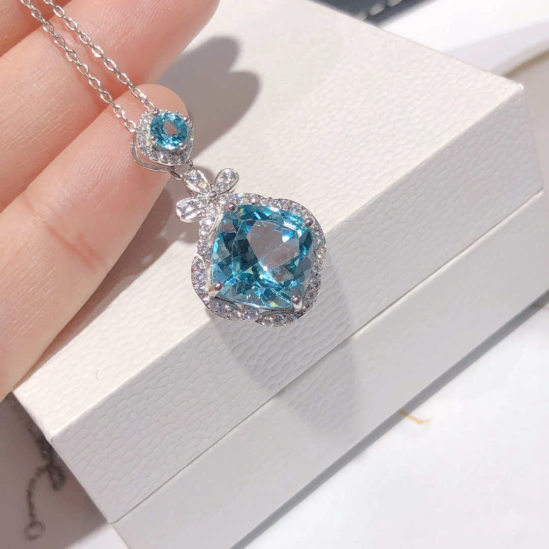 

HT25 Solid 925 Sterling Silver Nature Blue Topaz 7.5ct Gemstones Pendants Necklaces for Women Fine Jewelry