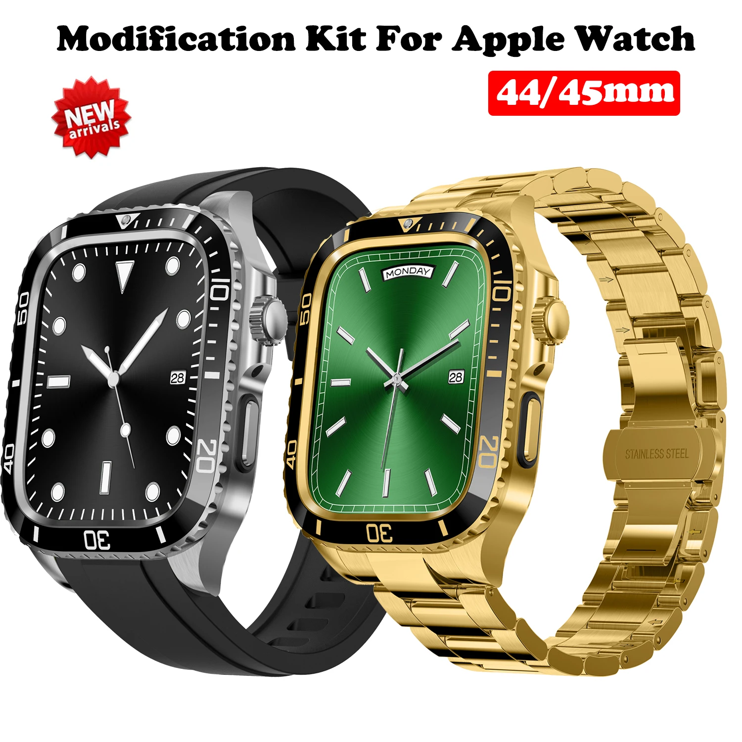 Stainless steel Strap+Case For Apple Watch Band 44mm 45mm Modification Kit Bracelet For iWatch Series 8 7 SE 6 5 4 DIY Modified