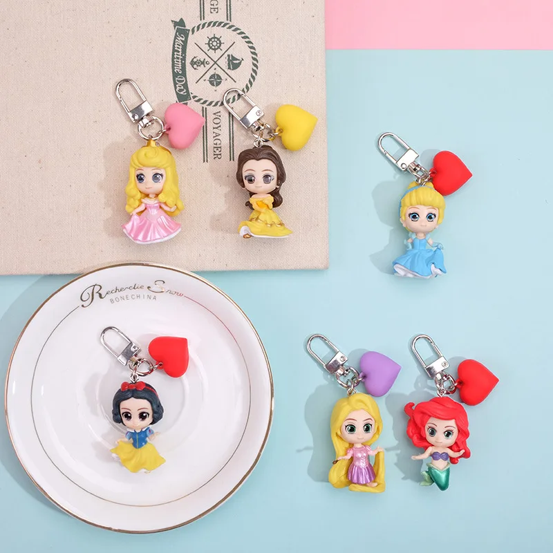 Anime Disney Princess Figure Snow White Ariel Cinderella Rapunzel Belle Keychain Bag Keyring Pendant Ornament Toy Birthday Gift