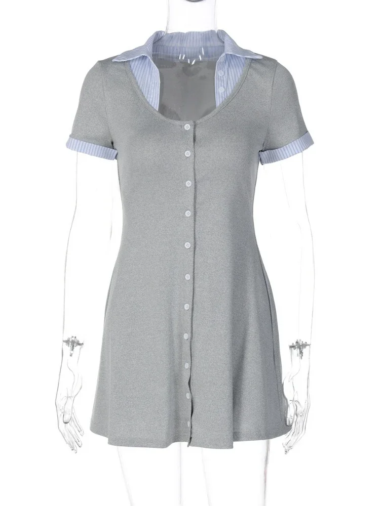 Moda casual colletto rovesciato monopetto abito corto streetwear manica corta da donna patchwork bottoni abiti t-shirt