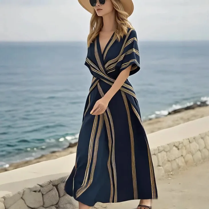 Robe de vacances décontractée, ample, rétro, imprimé rayé, manches courtes, col en V, style Boho, plage plissée, ligne a, longue, été