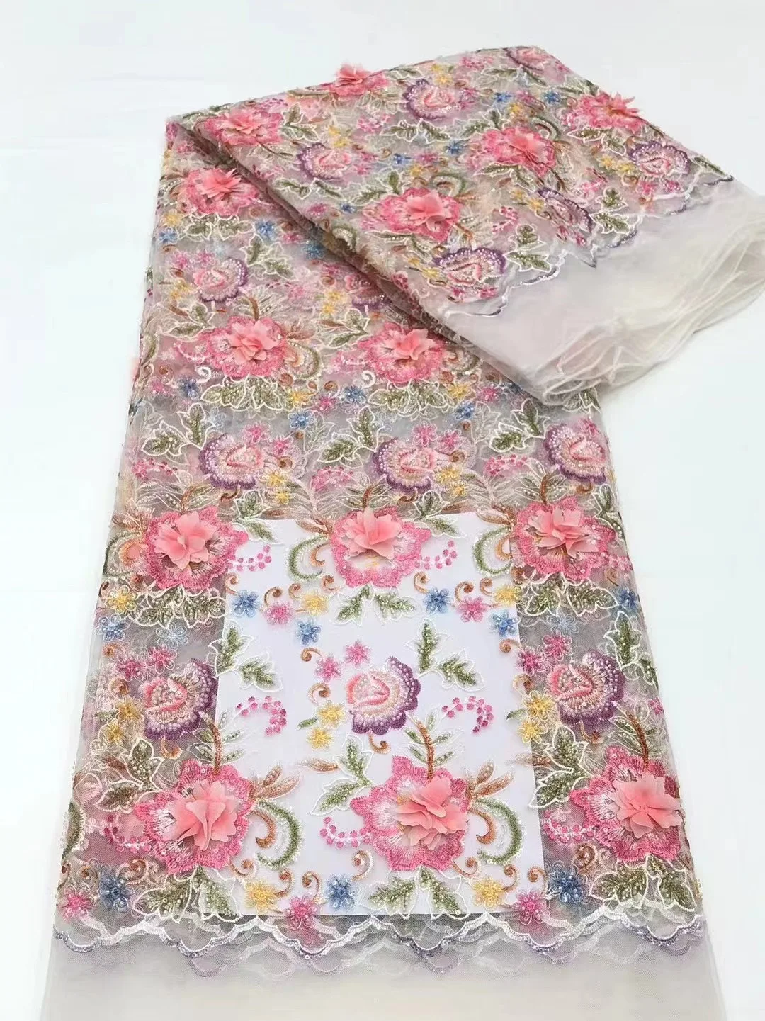 

African 3D Lace Fabric 2025 High Quality Luxury Handmade Beaded Lace Fabric Bridal French Tulle Mesh Lace for Dress HCD6160