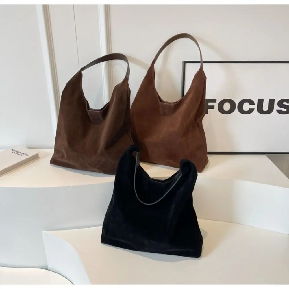 New Autumn and Winter Vintage Women's Bag Fashion Solid Color Suede Shoulder Bag with Button Simple Versatile Bucket Bag