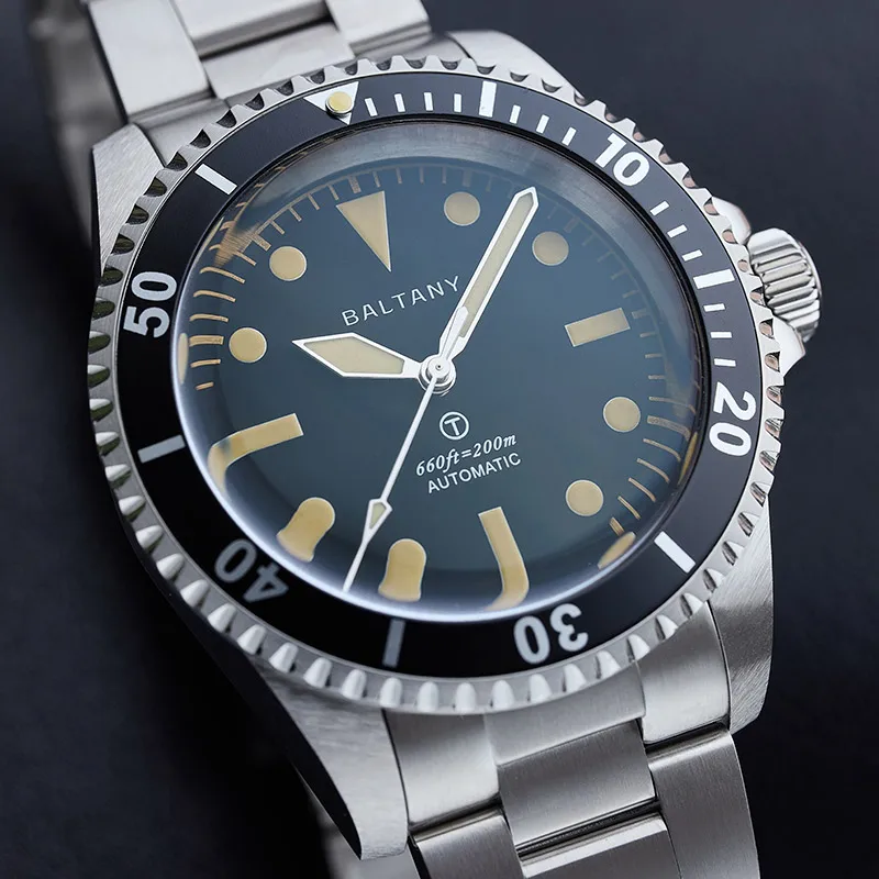 Baltany Vintage MilSubmariner Watch Rotation Bezel Brushed Bracelect Luminou Leather Sapphire 20ATM Stainless Steel Dive Watches