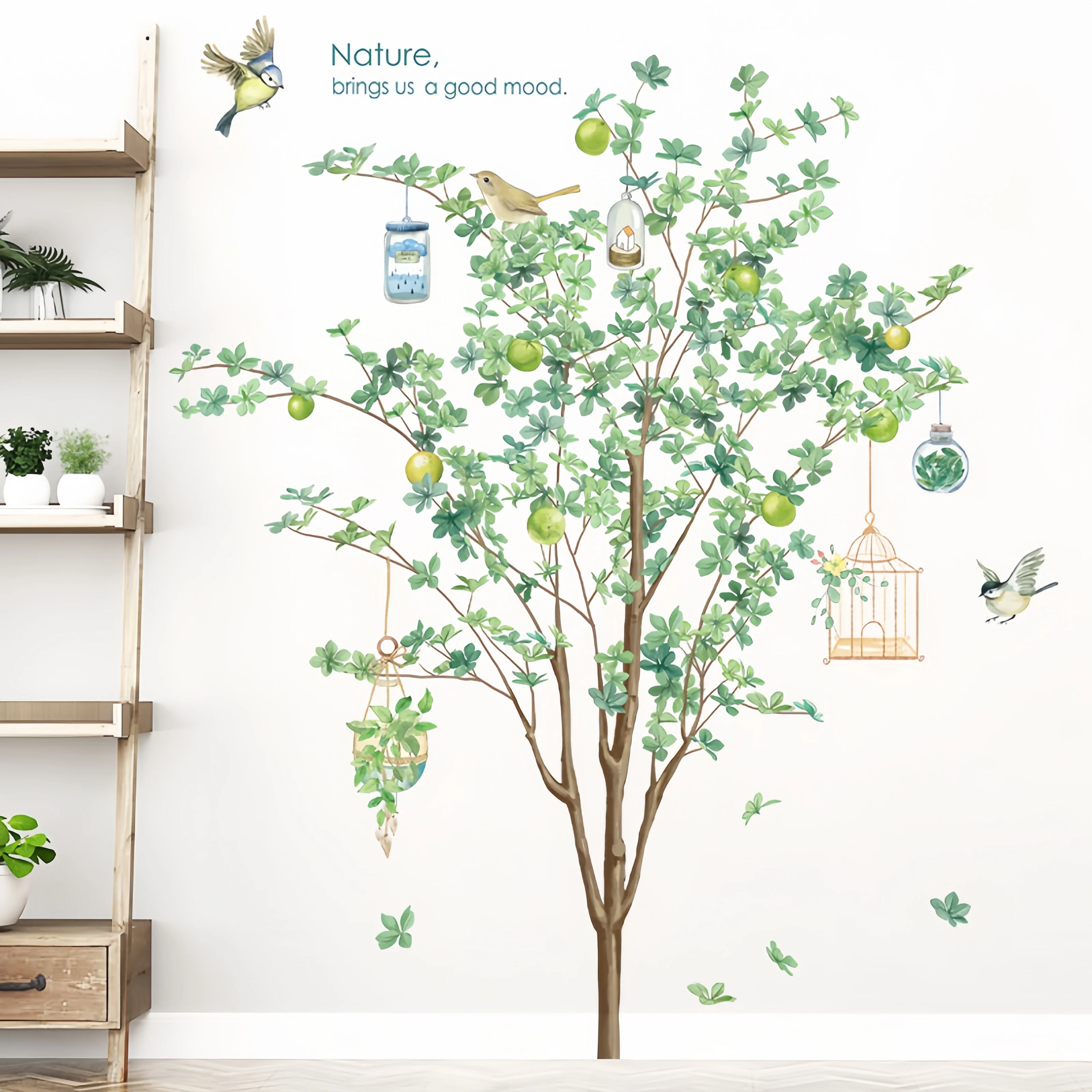 Aquarell Grüner Baum Vogel Vogelkäfig Wandaufkleber Natur-Zitat Vinyl-Aufkleber für Wohnzimmer Schlafzimmer Heim Wandkunst Wandbild Dekoration