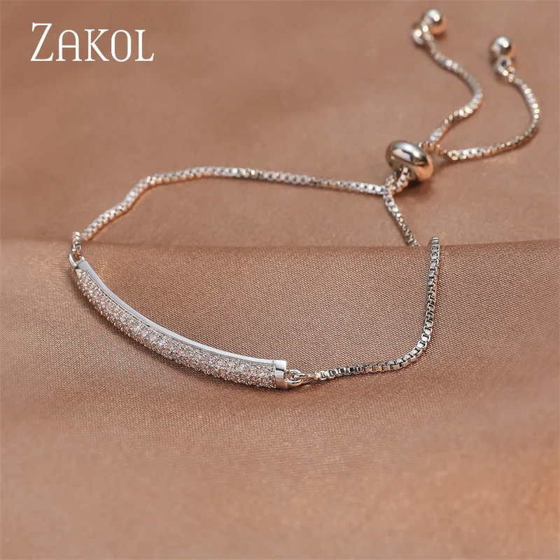 ZAKOL Simple Round Crystal Zirconia Adjustable Chain Bracelet White Gold Color Fashion Jewelry Birthday Gifts for Women