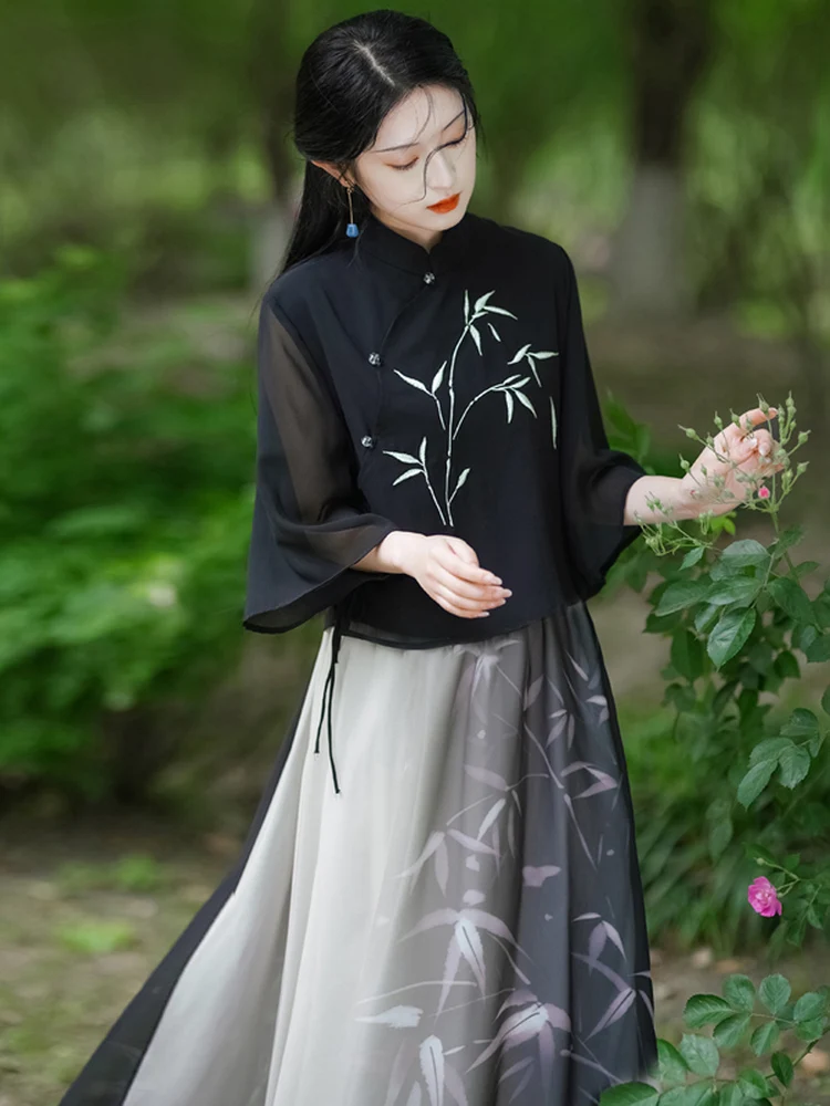 

Elegant Watercolor Print Hanfu Style Top And Skirt Set Women's Summer Fashion Outfit Casual Versatile Lightweight Polyester