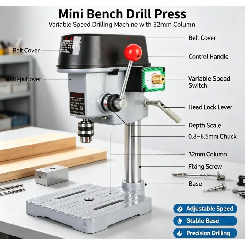 340W Precision Mini Micro Bench Drill Press, High‑Speed Small Electric Drill, Max 4mm Drilling Capacity DIY Work Machine