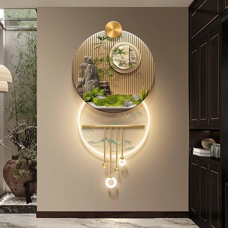 New Chinese-style entrance wall lamp, flowing water generating wealth, overpass hanging painting, landscape corridor, luminous