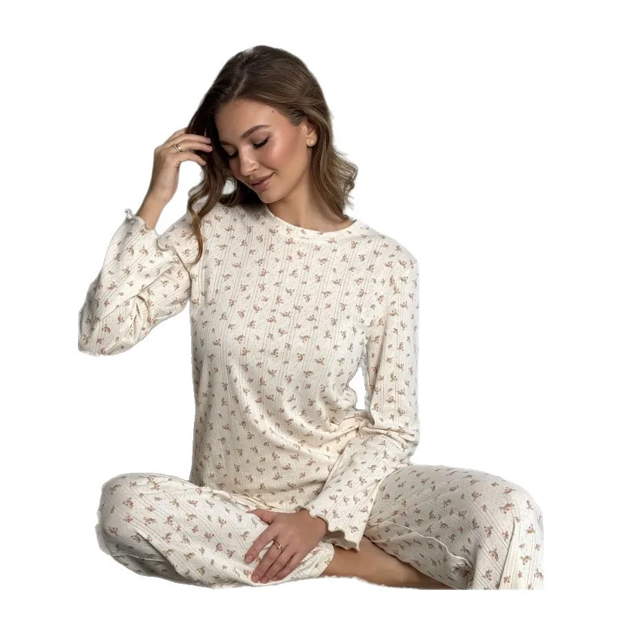 Summer Women Pajama Set Floral Print Round Neck Top Wide Leg Pants Two Piece Cream Base Pastel Floral Relaxed Fit Home Wear view 3
