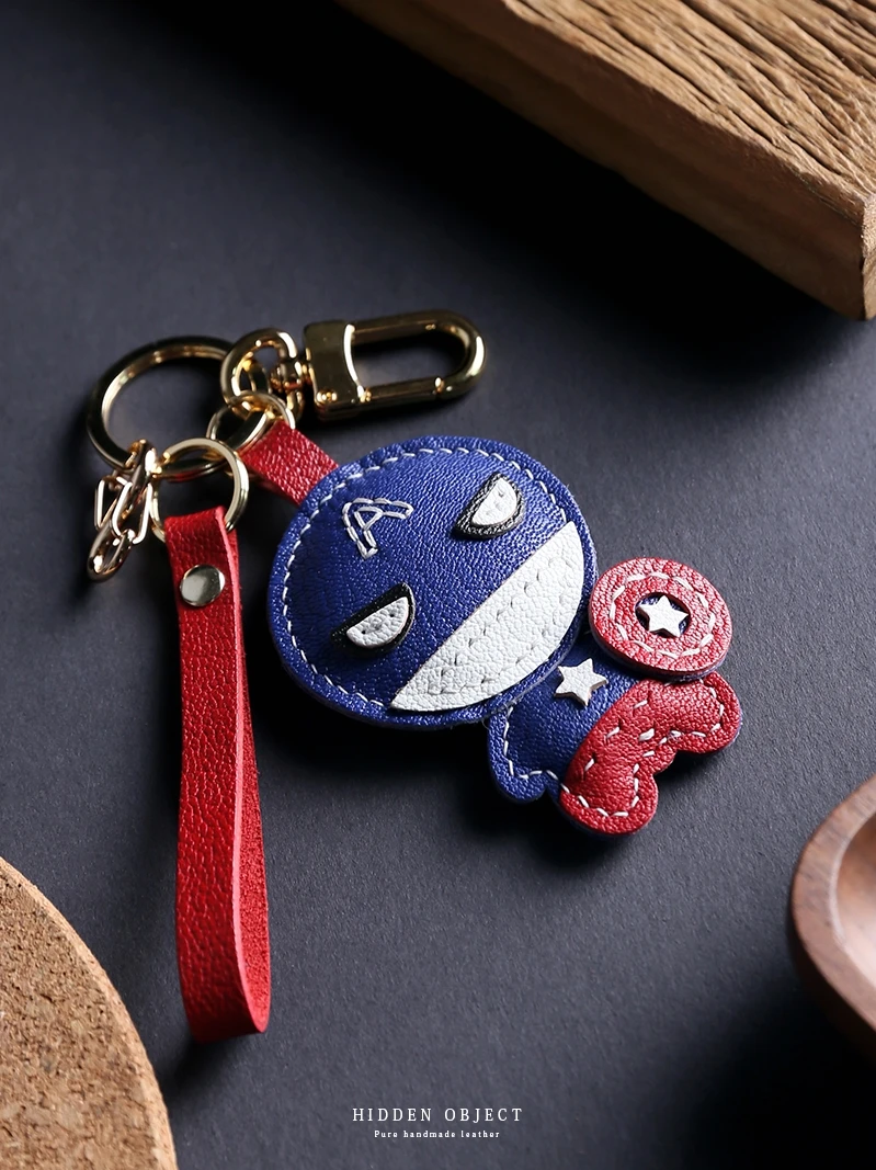 

Chibi Captain America Genuine Leather Handmade Keychain - Cute Cartoon Style Key Ring for Men, Women, Gifts