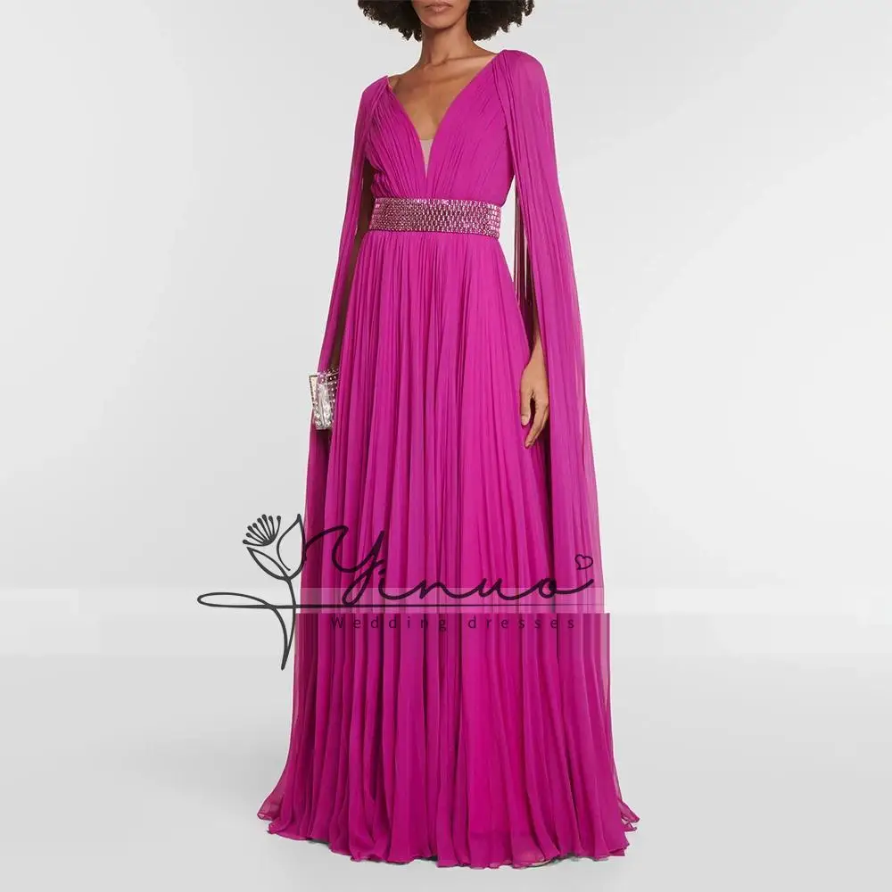 

Fuchsia Evening Dresses for Women Deep V Neck A Line Chiffon Sexy Evening Gowns Long Sparkle Crystals Cloak Sleeves Prom Dress