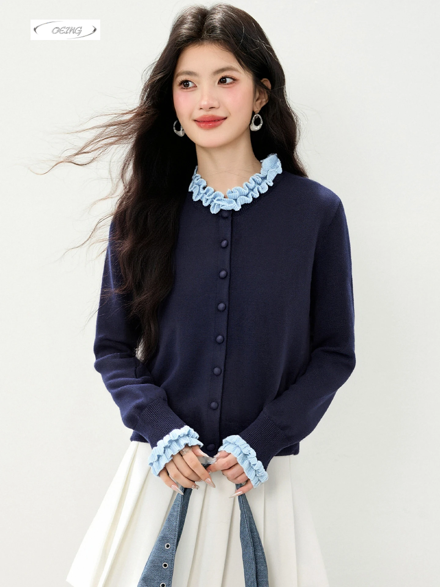 

Элегантный однобортный однобортный темно-синий вязаный кардиган во французском стиле с длинными рукавами для женщин, свободный топ, трикотажное пальто 9784