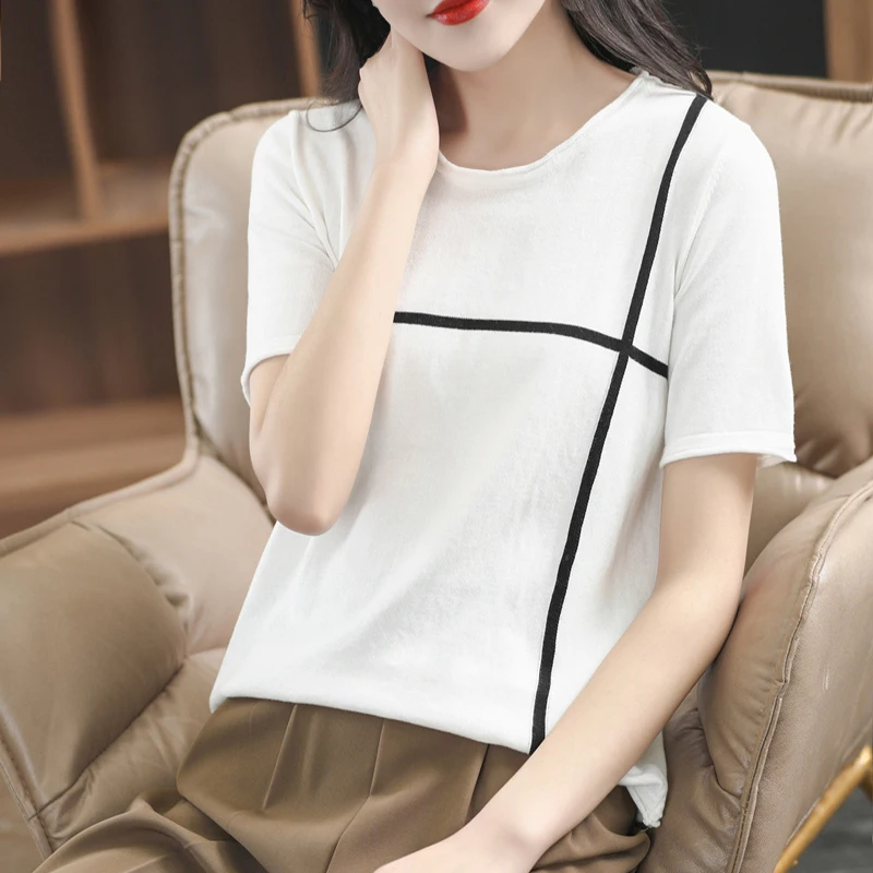 Women O-Neck Short Sleeve Knitted Sweater Blouse Summer Solid Slim Cotton Pullover Shirt Female Korea Fashion All Match Clothing