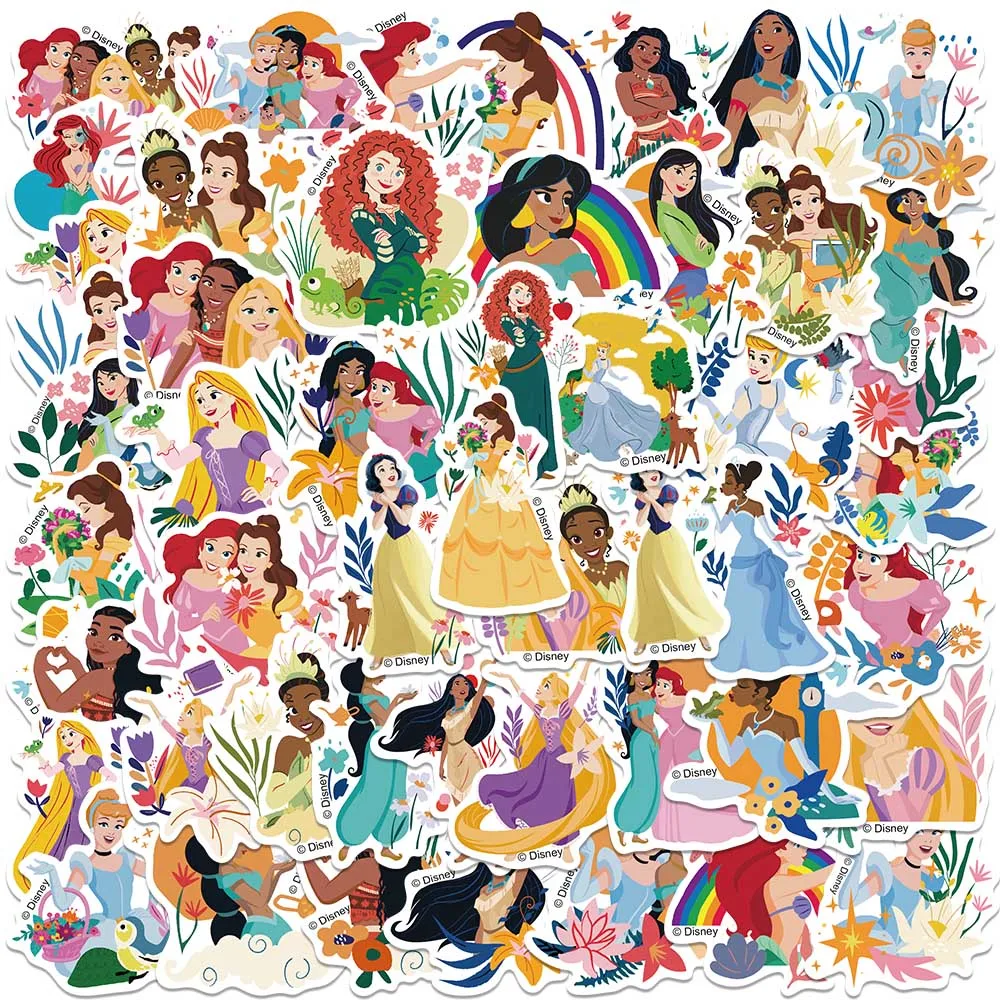 Disney Cartoon Princess Adesivos para Meninas, Graffiti Bonito, Garrafa, Telefone, Scrapbooking, Diário, Bagagem, Papelaria Adesivo, Brinquedo do miúdo, 50Pcs