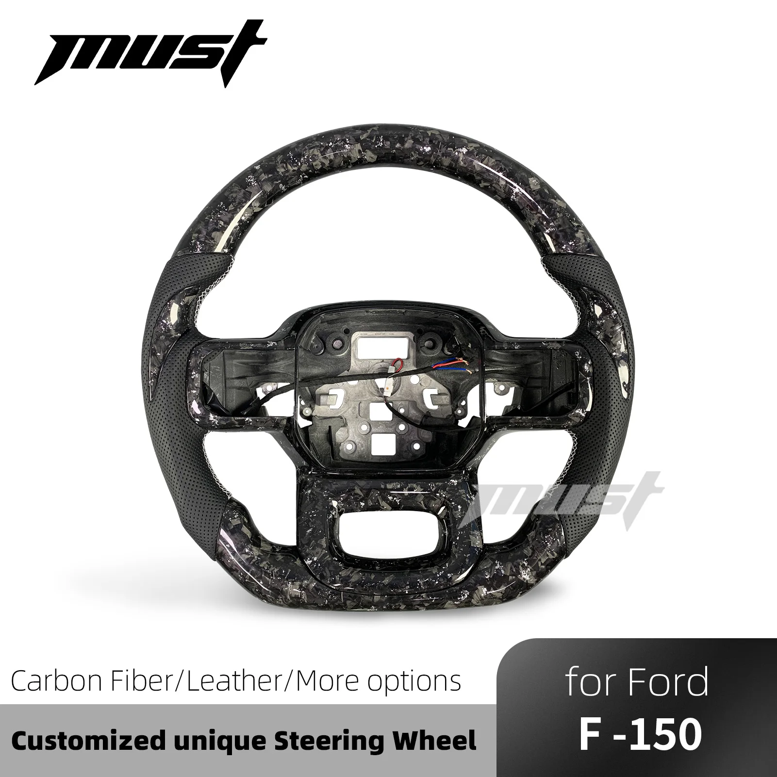 Sliver Forged Carbon Fiber Steering Wheel for Ford F150 XLT Raptor Shelby R with Heating & Paddle Shifters Without airbags