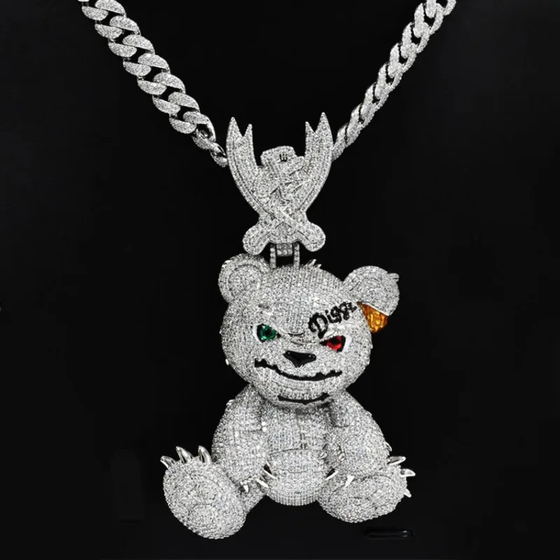 Iced Out Teddy Bear Pendant Necklace for Men, Copper Cubic Zirconia Hip Hop Bling Jewelry, Cool Rapper Style Gift for Him