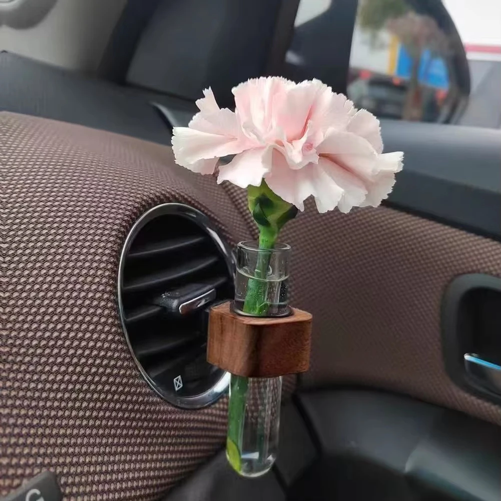 Stable Mini Car Flower Vase Clip Elegant Adjustable Car Vent Flower Vase Walnut and Glass Creative Car Vent Decor Dashboard