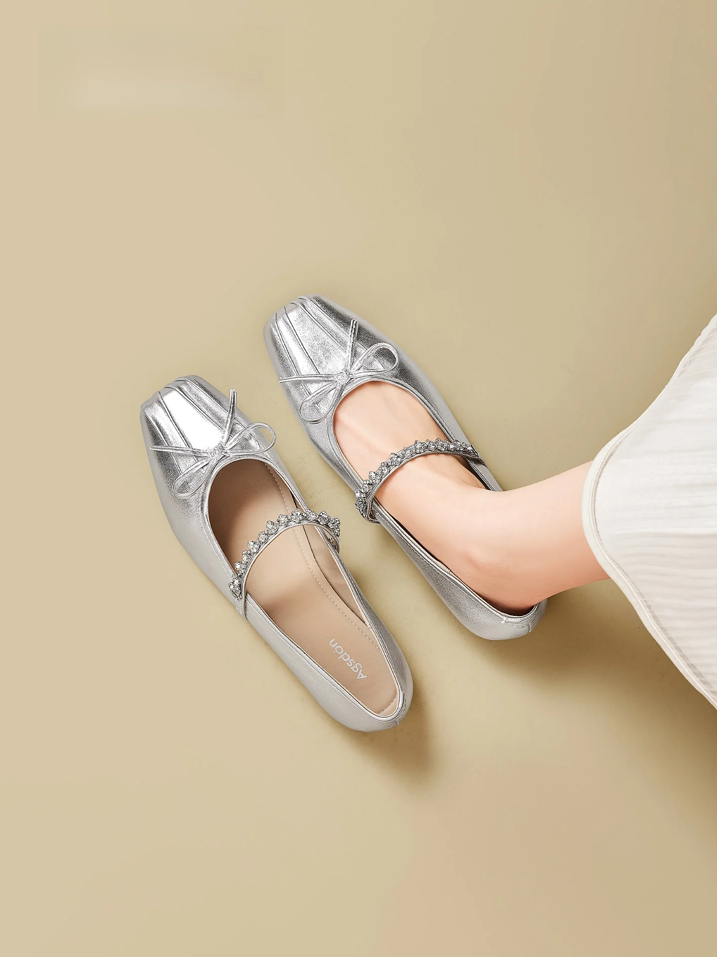 

Agsdon Silver Mary Jane Flat Shoes Women's Casual Spring Summer Autumn Seasonal Wear Ballet Style Pig Nose Slip-On Shoes