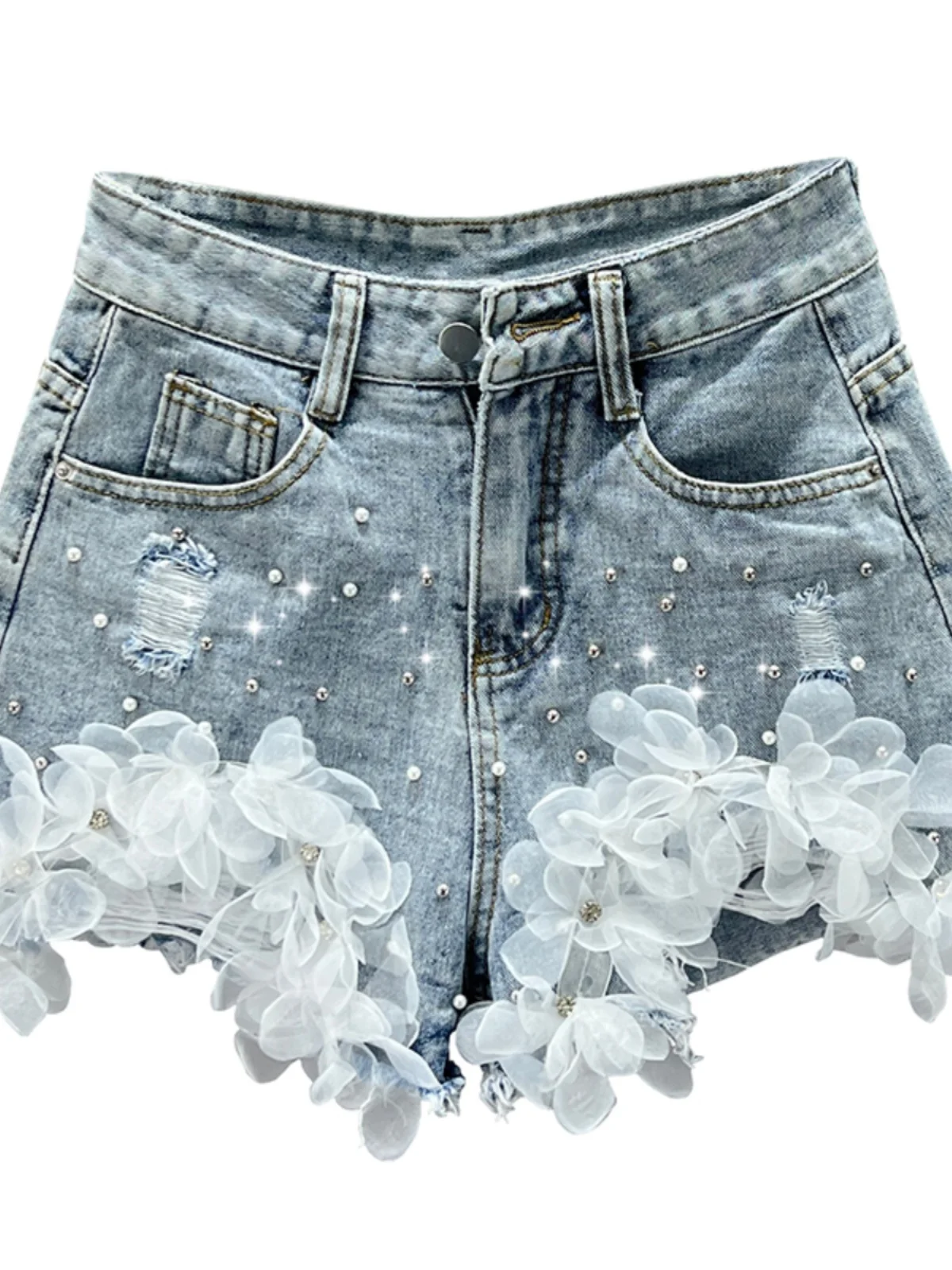 Flower Design Denim Shorts Women Tide 2025 New Spring Summer High-waisted Short Jeans Pants Slim and Thin Beaded A-line Shorts