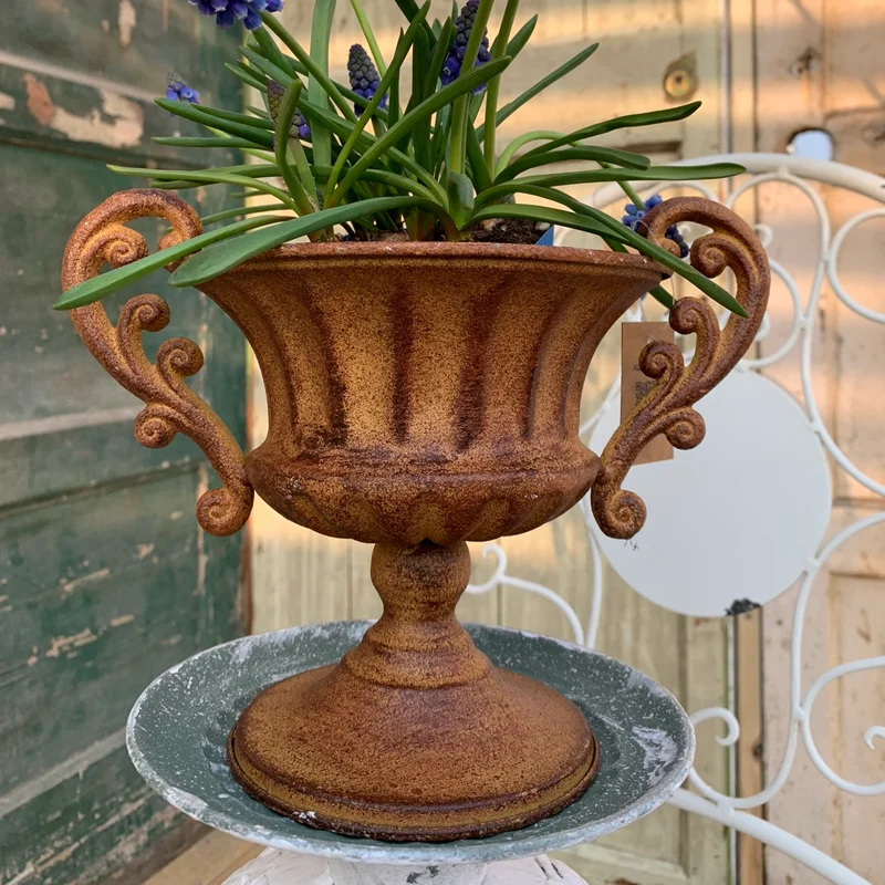 Vintage Retro Metal Iron Rust Color Urn Trophy Design Flower Pot Rustic Decorative Planter