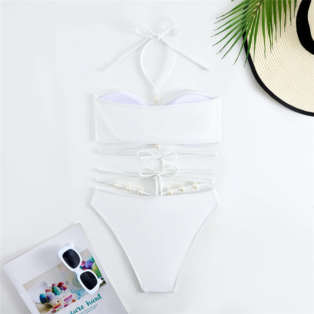Perlenbesetzter Wickel-Bikini mit Rock, Damen-Badeanzug, dreiteiliges Bikini-Set, Badebekleidung, Badeanzug, Modell V6098 – Detail 6