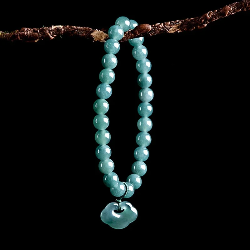 100% Genuine A-goods Jadeite Blue Water Ruyi Lock String 6.5mm Round Beads Elastic Rope Bracelets for Men and Women Jewelry Gift