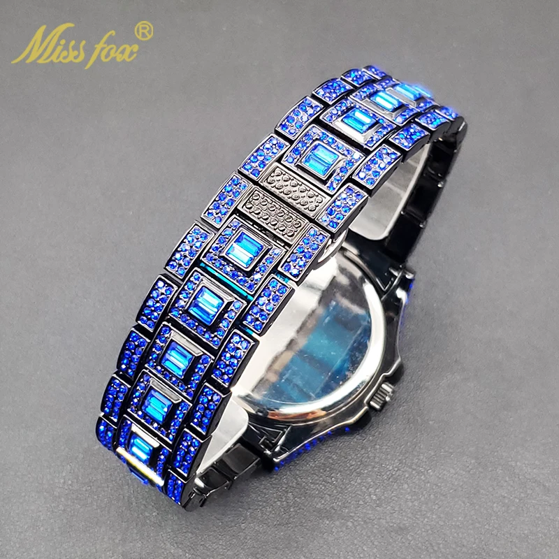 Blue Iced Out Watches For Men Special Trendy Luxury Diamond Quartz Watch For Male Hip Hop Gothic Street Style Clock Dropshipping