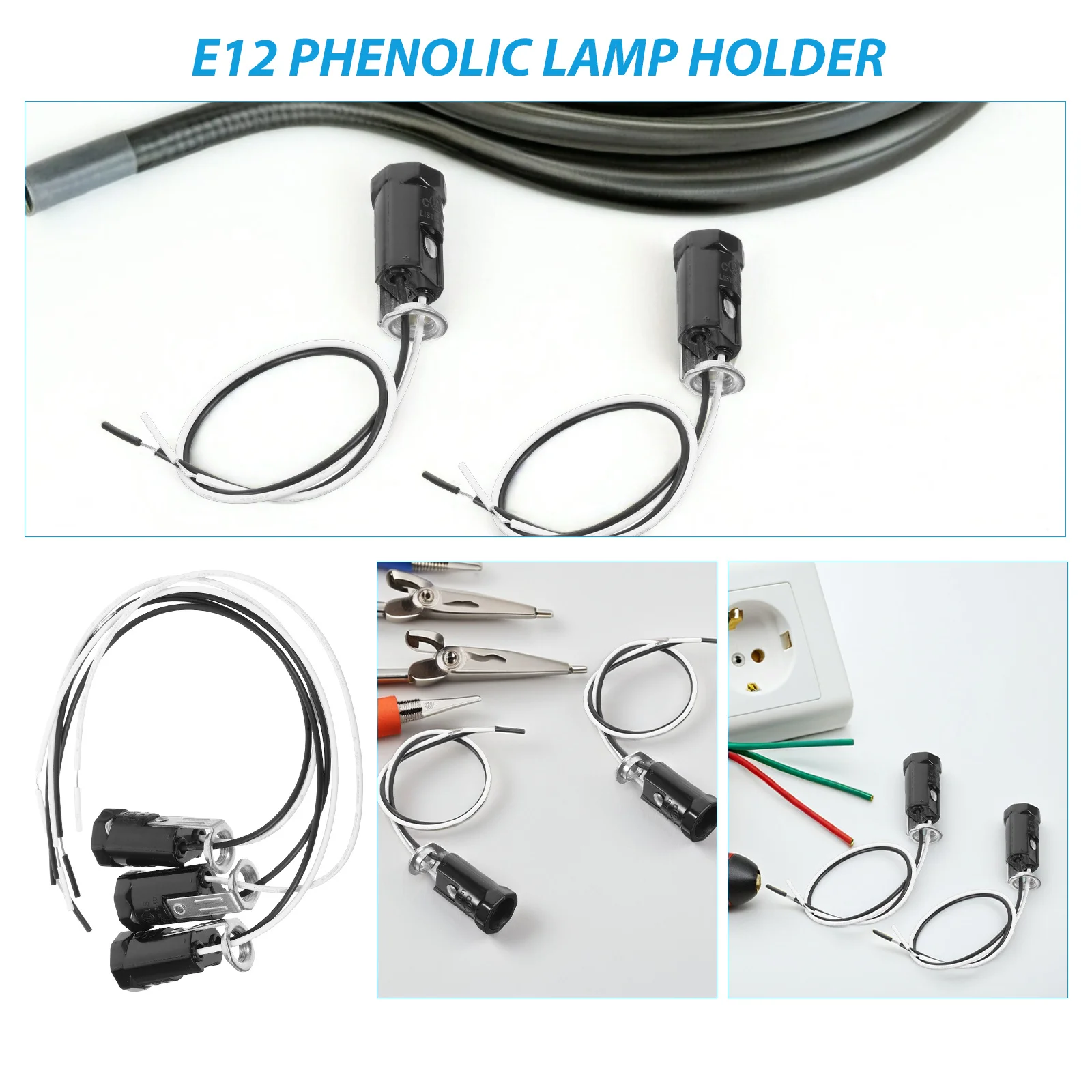 

3Pcs E12 Phenolic Lamp Holder Wire Lead Candelabra Socket Chandelier Replacement Easy Install Home Office Decor