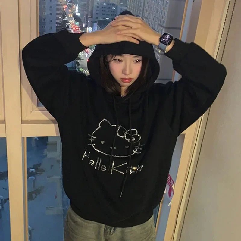 Sanrioed Hello Kittys Rhinestone Hooded Sweatshirt Women Autumn Winter Y2K Harajuku Couple Lazy Tops Loose Pullover Trend Hoodie