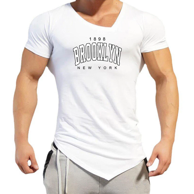 1898 Brooklyn New York City Printed Mens Running V Neck T Shirt Short Sleeve Cotton Irregular Hem Slim Fit Muscle Top Tees