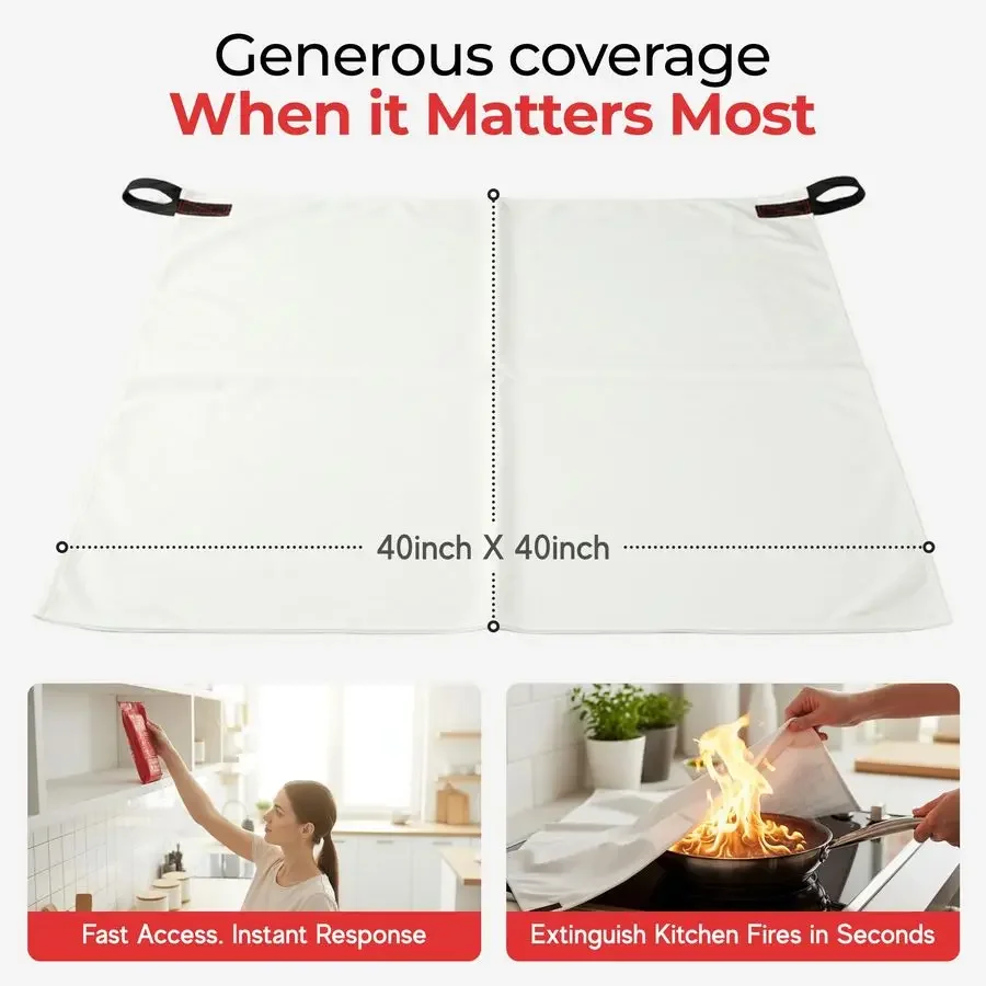 بطانية حريق الطوارئ للمنزل والمطبخ 100 بطانية قمع الحريق من الألياف الزجاجية 40 × 40 للسيارة والمكتب والتخييم على الفور
