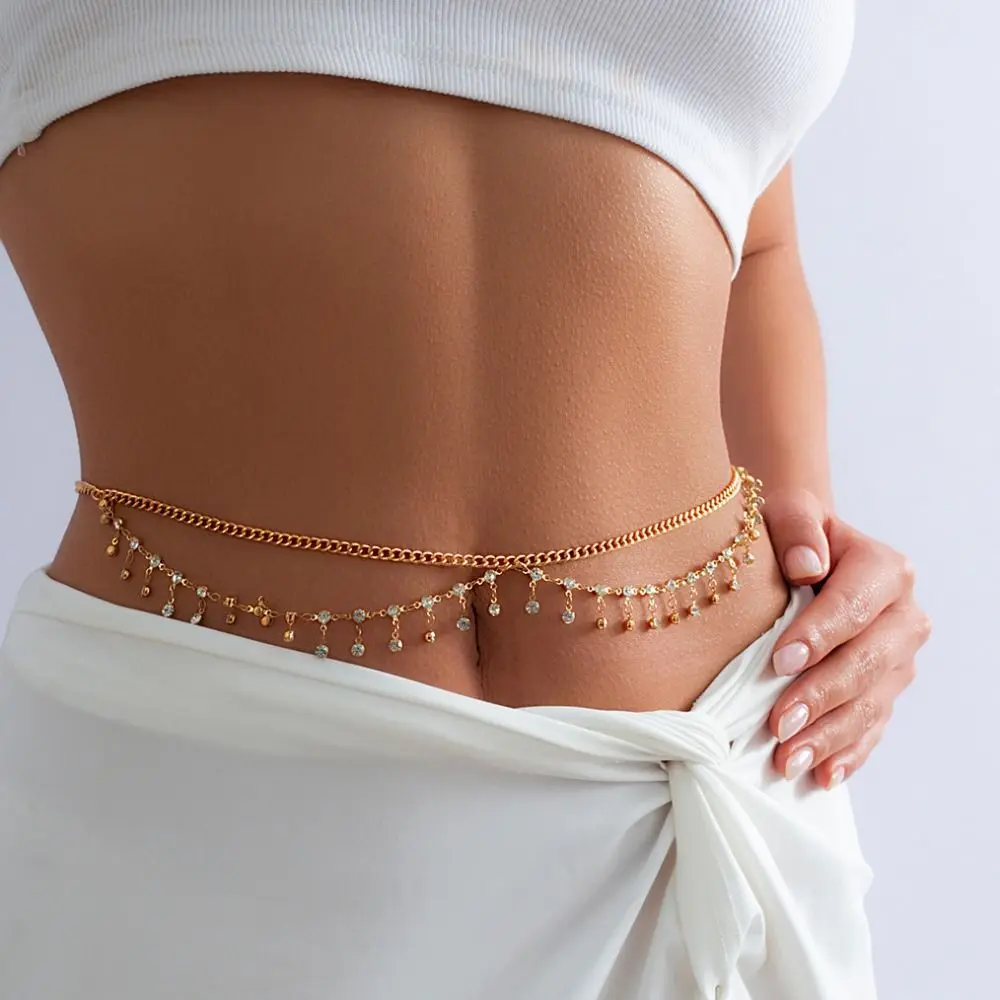 Elegant Tassel Rhinestone Star Waist Belly Chain Geometric Shell Copper Gold Plated Women