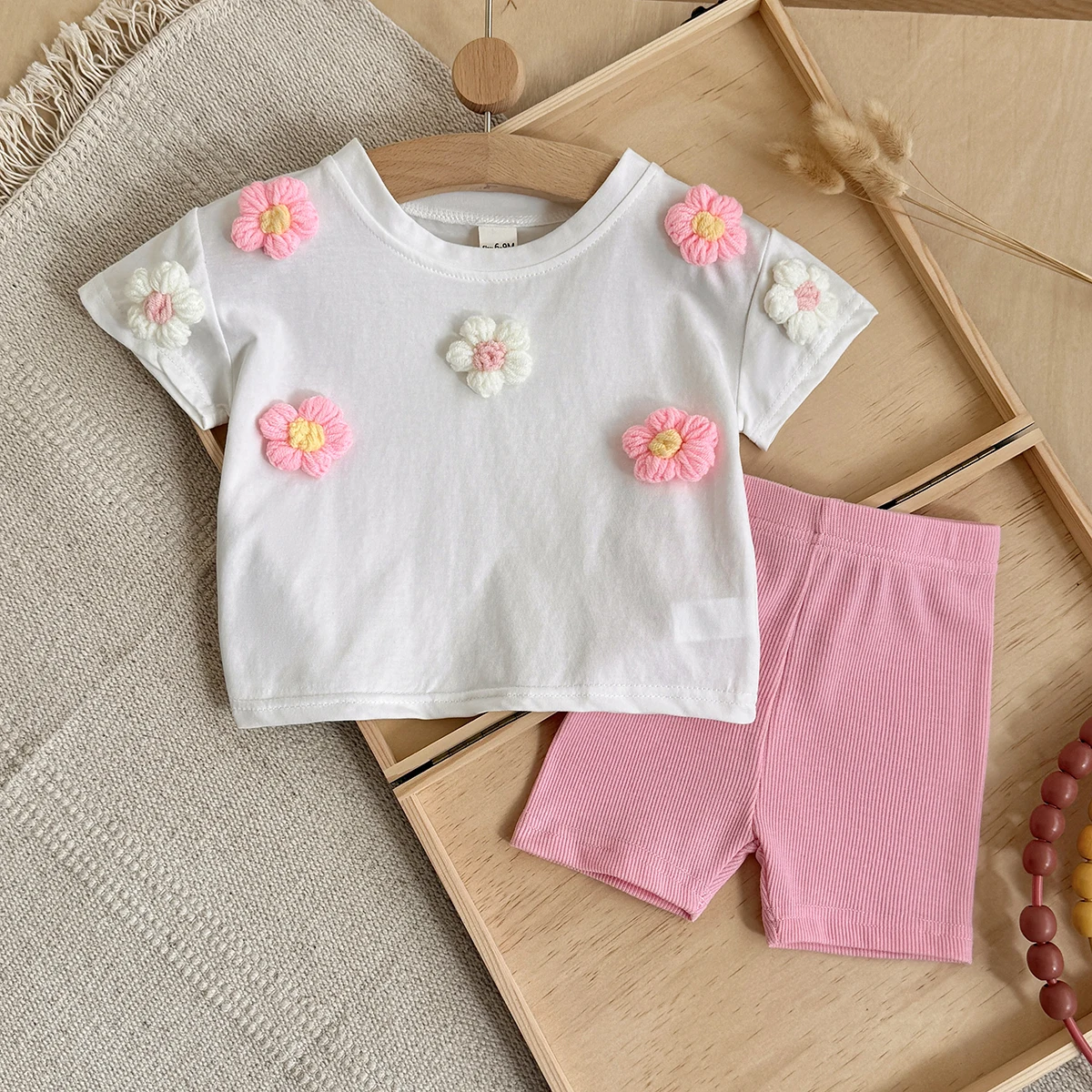 Summer Infant Girl's 3D flower Short Sleeve T-Shirt And Pink Shorts Set Cute Casual Baby Outfit Two-Piece Ensemble 0-3Y