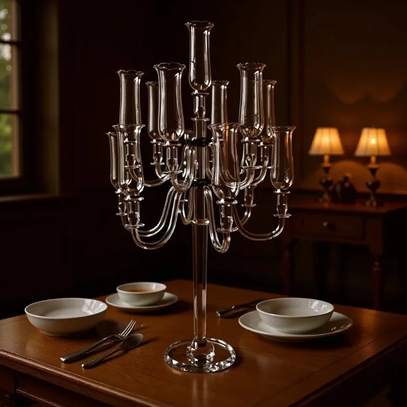 European Style Glass Crystal Candlestick Multi Head Tall Transparent Centerpiece for Wedding Party Home Dining Table