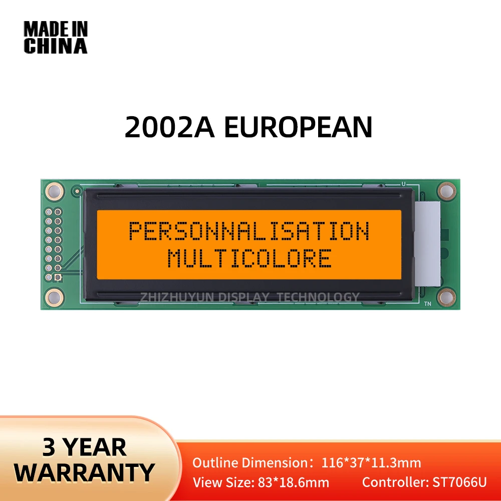 LCD 2002A European Character Display Orange Light Black Text ST7066U Controller 2.6 Inch Multi Language Font Library