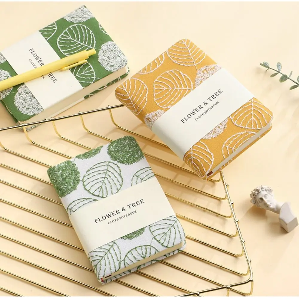 Portable Stylish Leaf Hand Ledger Compact Fabric Cover Embroidered Notebook Thick Cotton Cloth Binding Pocket Book Student