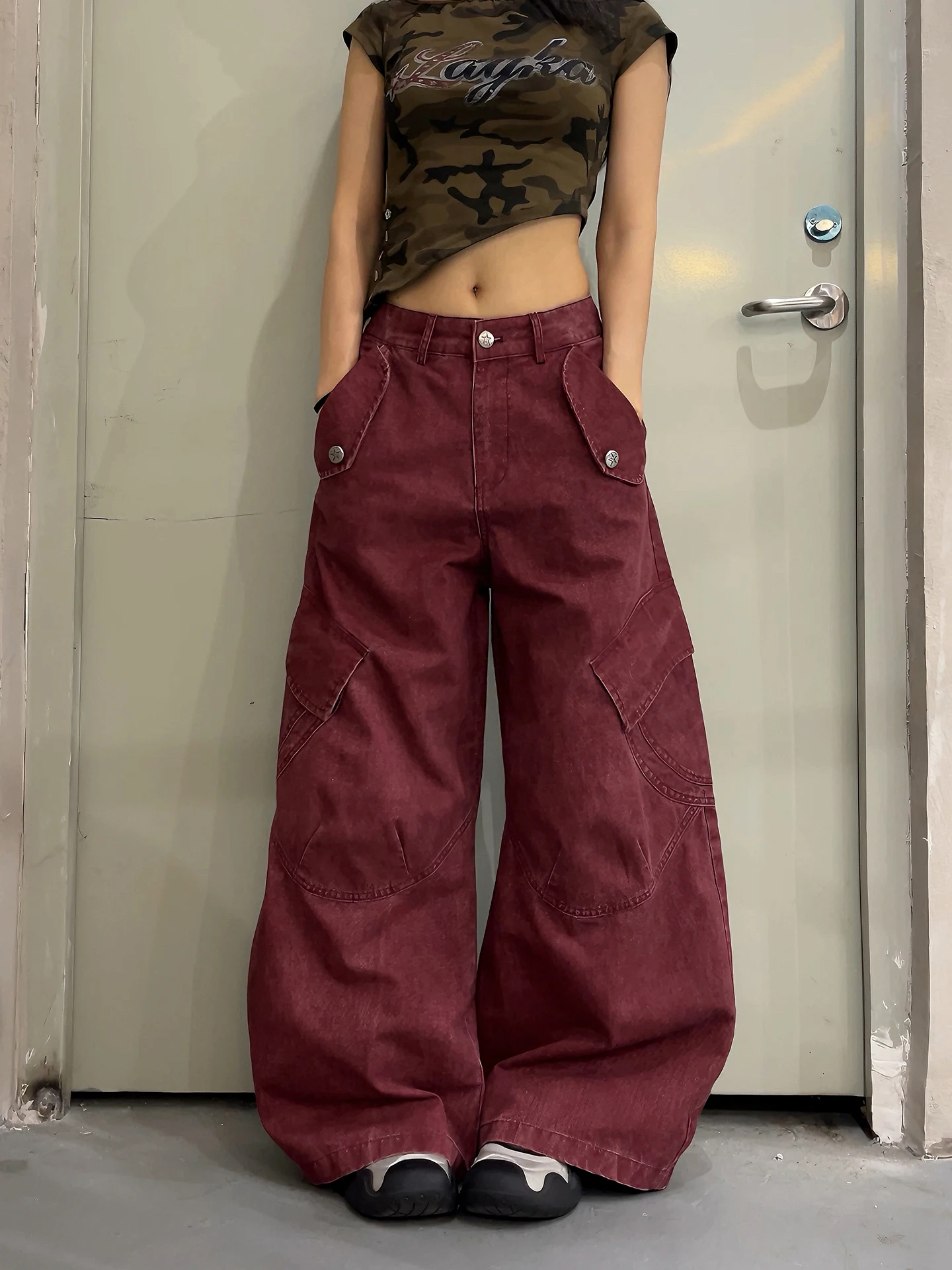 

Мужские повседневные свободные хлопковые брюки DoubleD American Style Red Washed Vintage Decoded Multi-ket Wide Leg Workwear Jeans