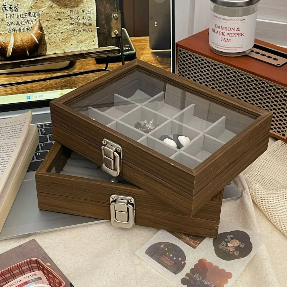 사각형 나무 보석 상자 대용량 유리 뚜껑 보석 디스플레이 트레이 보석 디스플레이 귀걸이 반지 디스플레이 홀더
