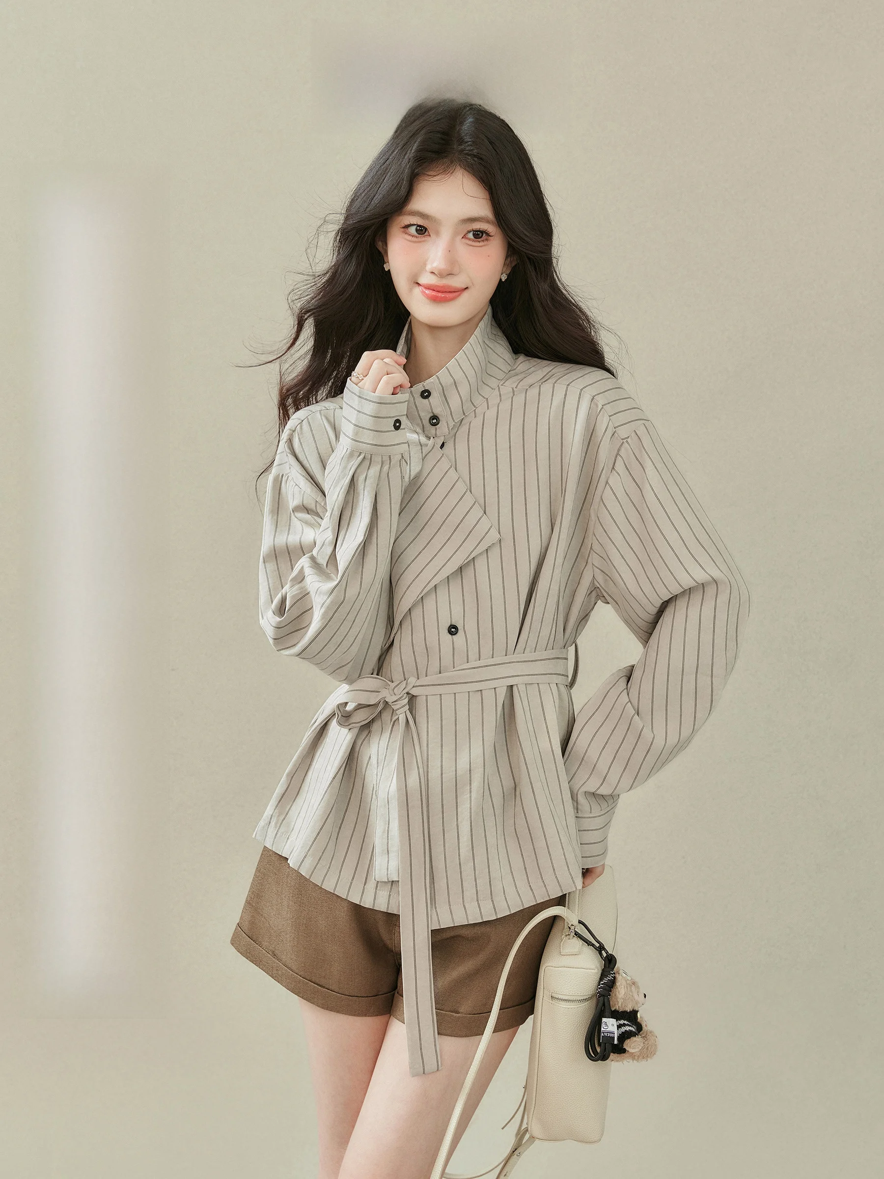 

Ele Striped irt Женский воротник-стойка с поясом на талии Дизайн для поездок на работу Long Sve Ветрозащитный осенний модный женский irt